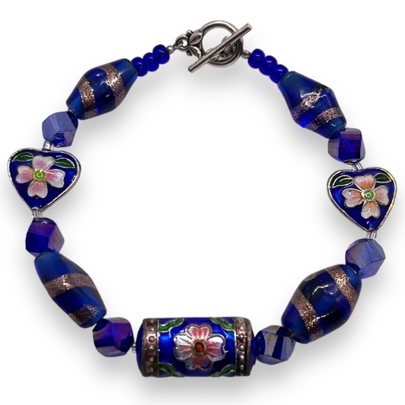 Cobalt Blue Floral Cloisonné Glass Beaded Bracelet Silver Tone Toggle Clasp - Picture 1 of 13